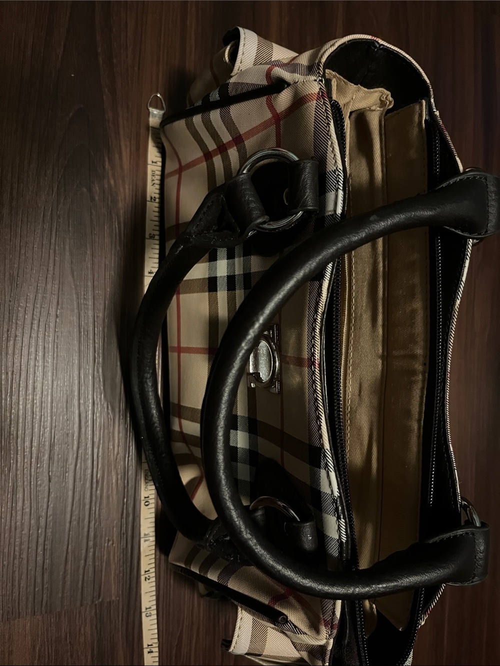 Classic Plaid Satchel Handbag in Beige - Picture 13 of 16